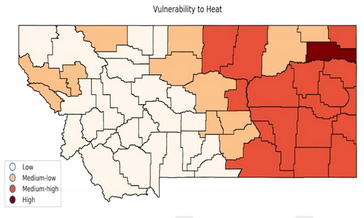 Map of Montana divided by county, showing each county's vulnerability to heat. Of note, counties in the east are more vulnerable, and Roosevelt county shows the highest vulnerability.