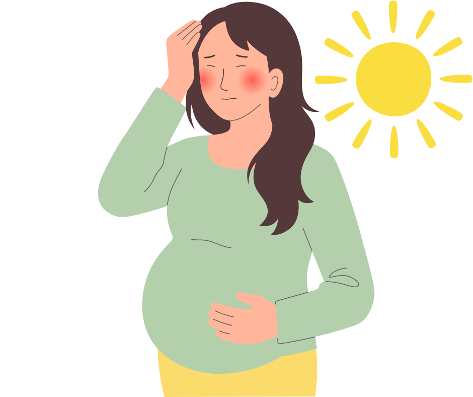 Illustration of a pregnant woman looking unhappy in the heat.