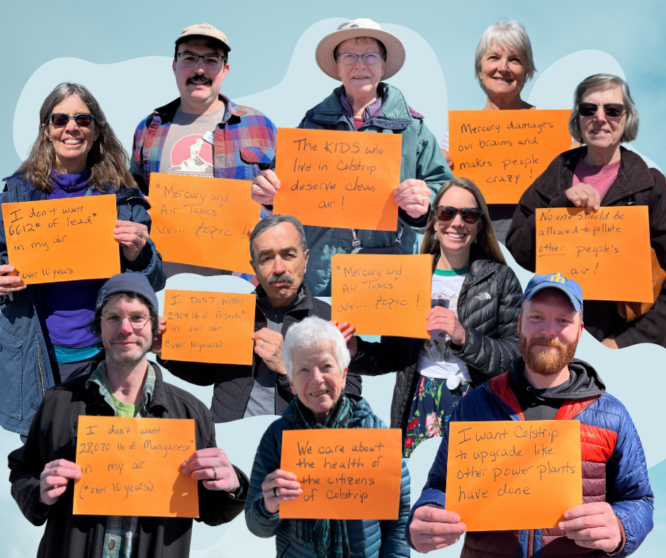 Ten people holding orange handwritten signs giving reasons Colstrip's power plant should upgrade.