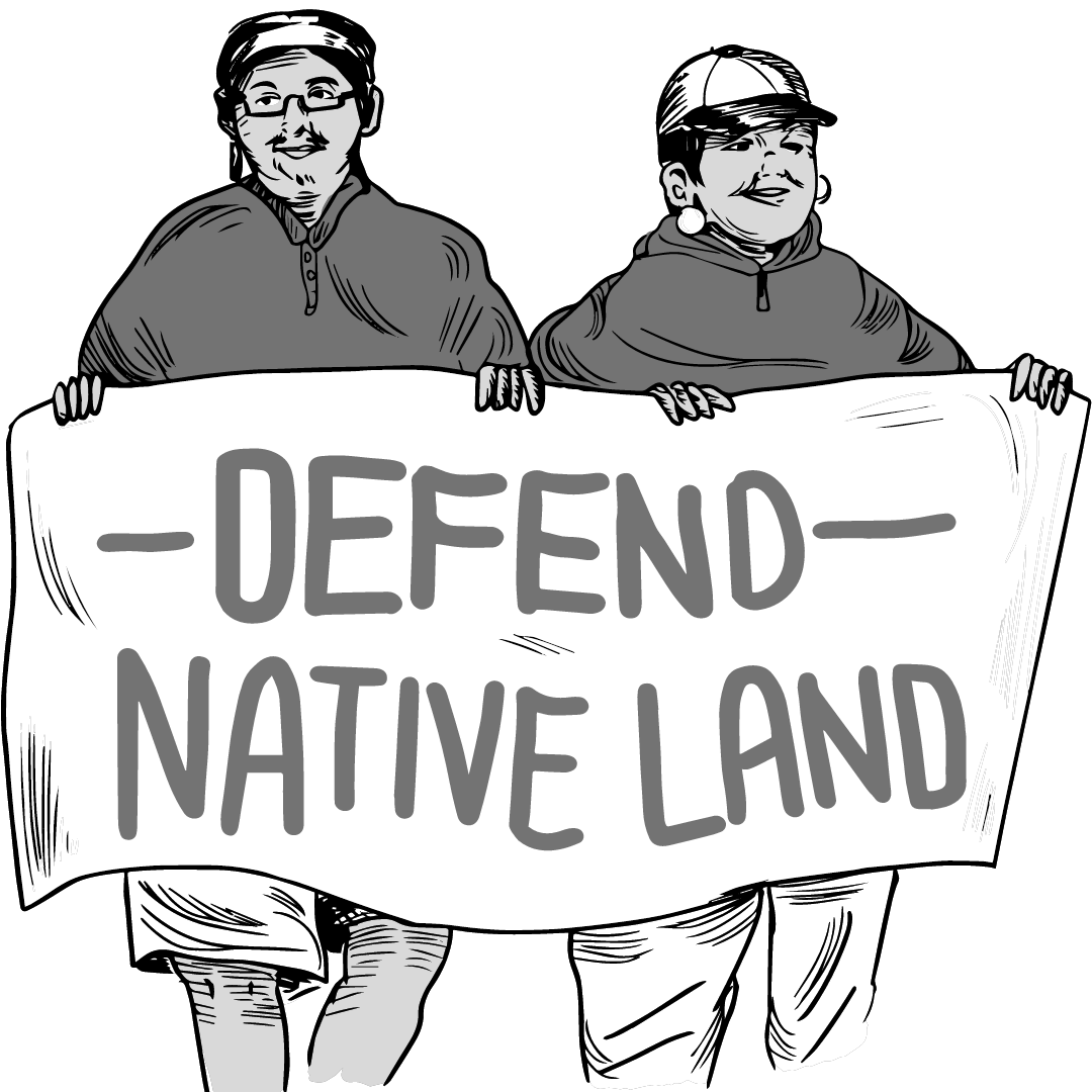 Illustration of two people marching with a banner that says 