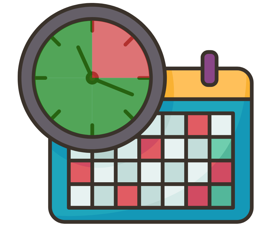 Illustration of a calendar and clock. The hours of noon to three PM are blocked out in red.